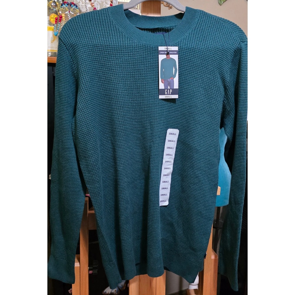 GAP Mens Crew Neck Sweater Teal Green Waffle Knit Textured Long Sleeve Small NWT
